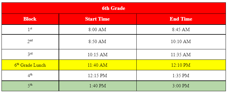 6th Grade Bell Schedule